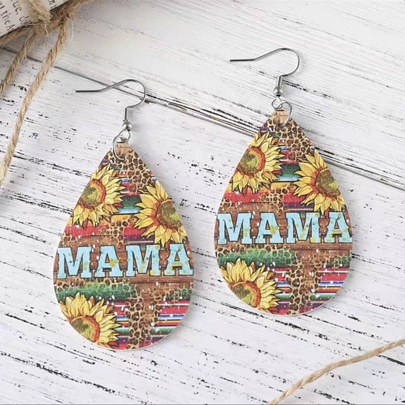 NIP Boho Turquoise MAMA Pattern Sunflower PU Double-sided Water Drop Earrings - Picture 3 of 3